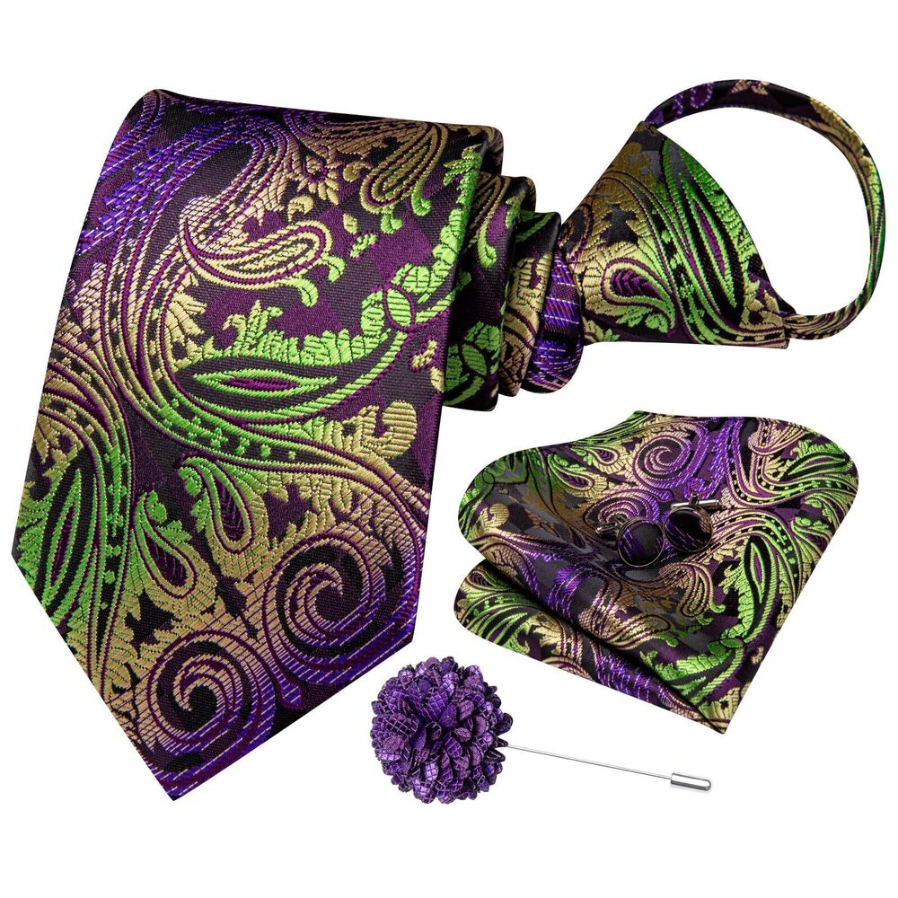 1190 Colorful Green and Purple Paisley Zipper Tie Silk Pre-tied Adjustable